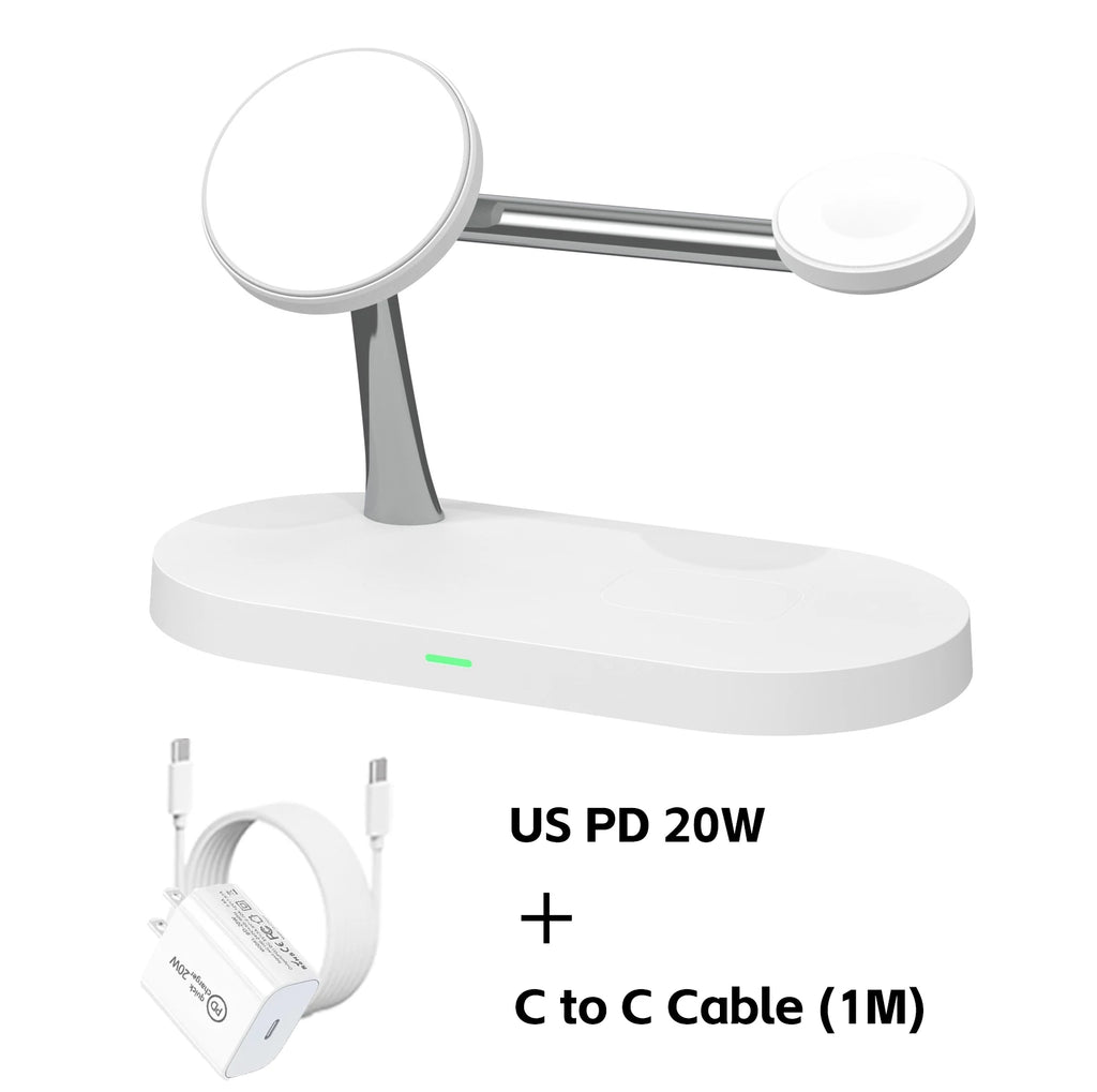 Apple Watch charging on the wireless charger stand's side arm