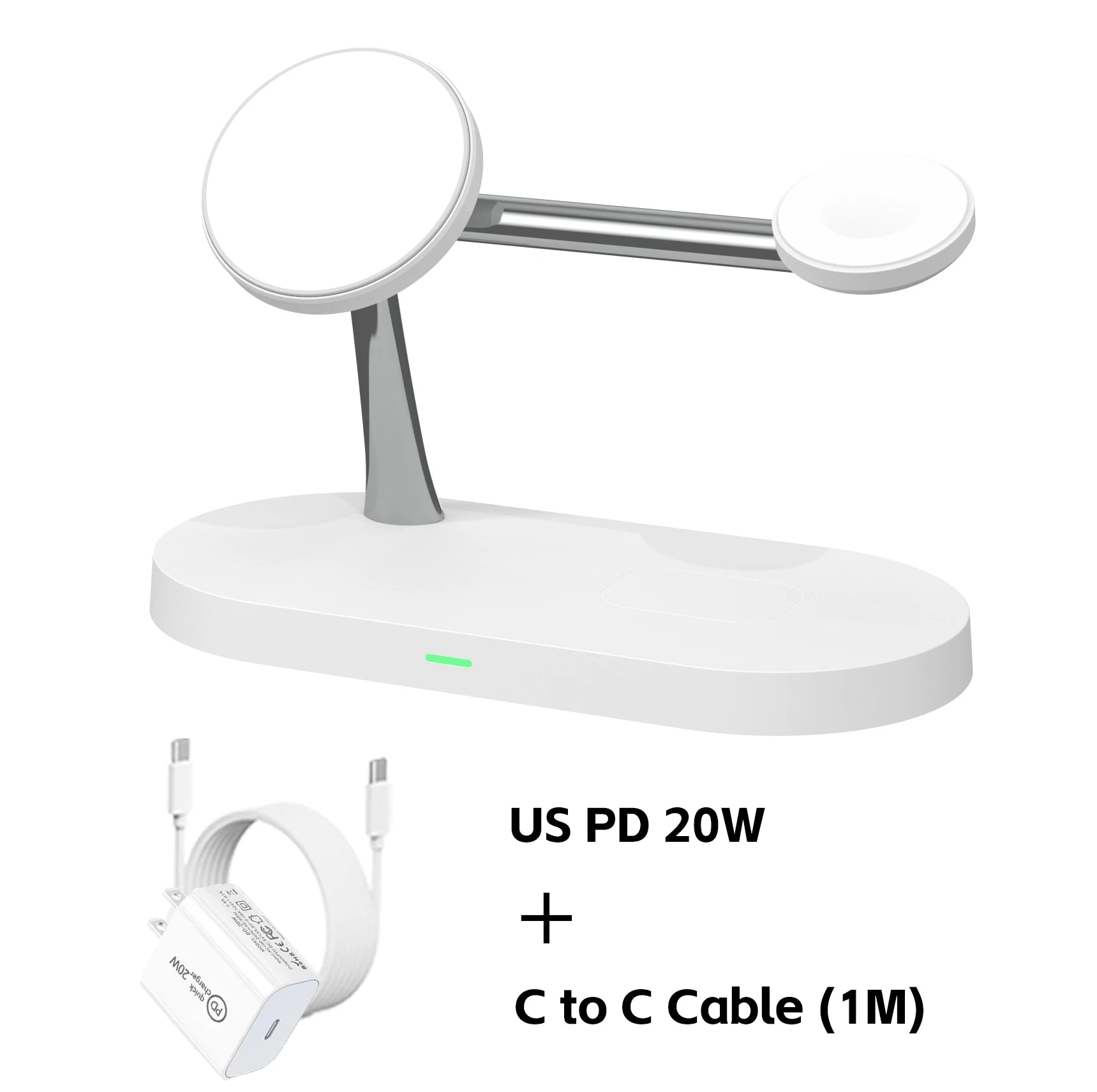 Apple Watch charging on the wireless charger stand's side arm