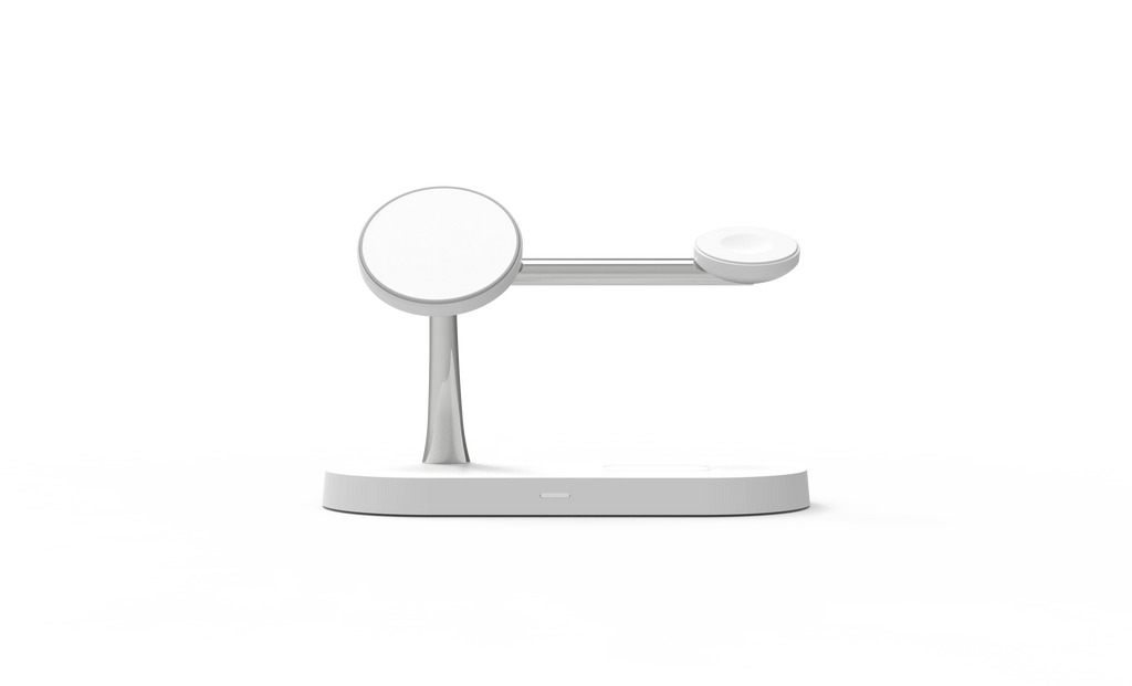 3-in-1 wireless charger stand on a bedside table at night