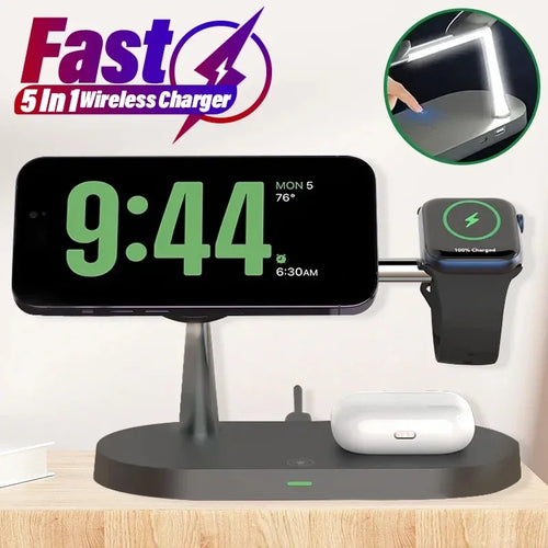 3-in-1 magnetic wireless charger stand in black, side profile