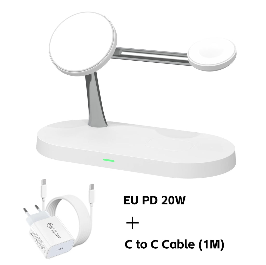 3-in-1 wireless charger stand shown in use on a bedside table