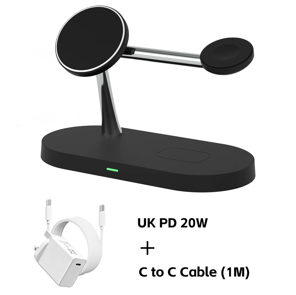 3-in-1 wireless charger stand charging an iPhone and AirPods together
