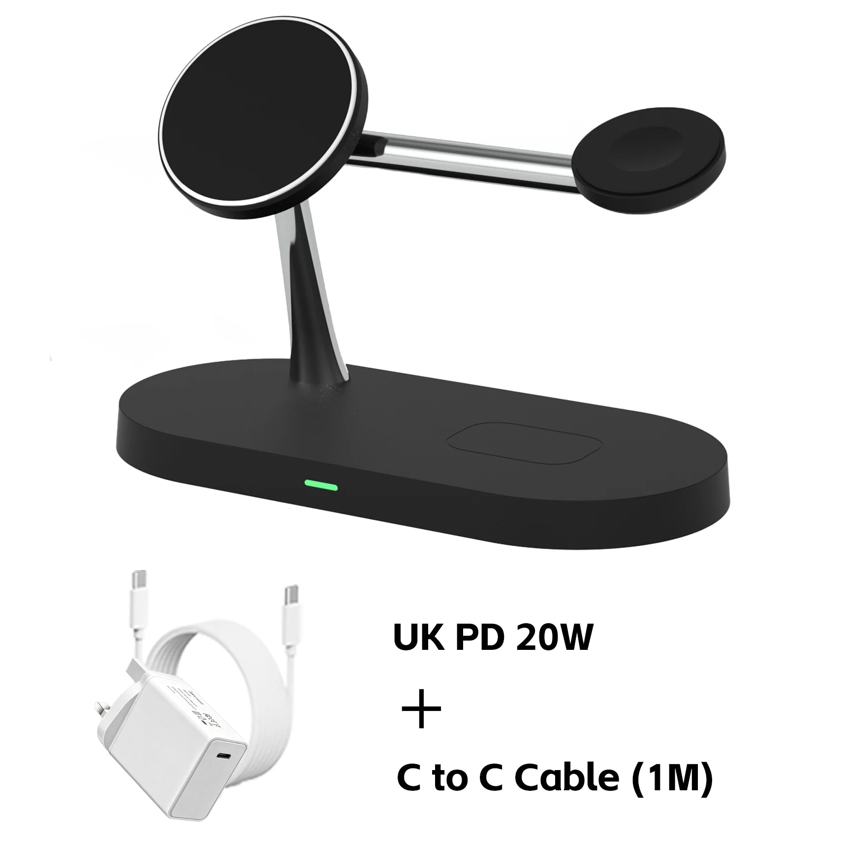 3-in-1 wireless charger stand charging an iPhone and AirPods together