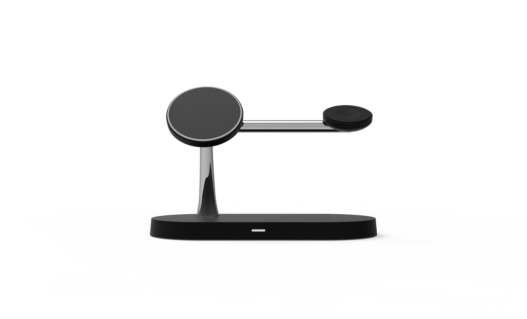 3-in-1 wireless charger stand shown from an angled view on a desk