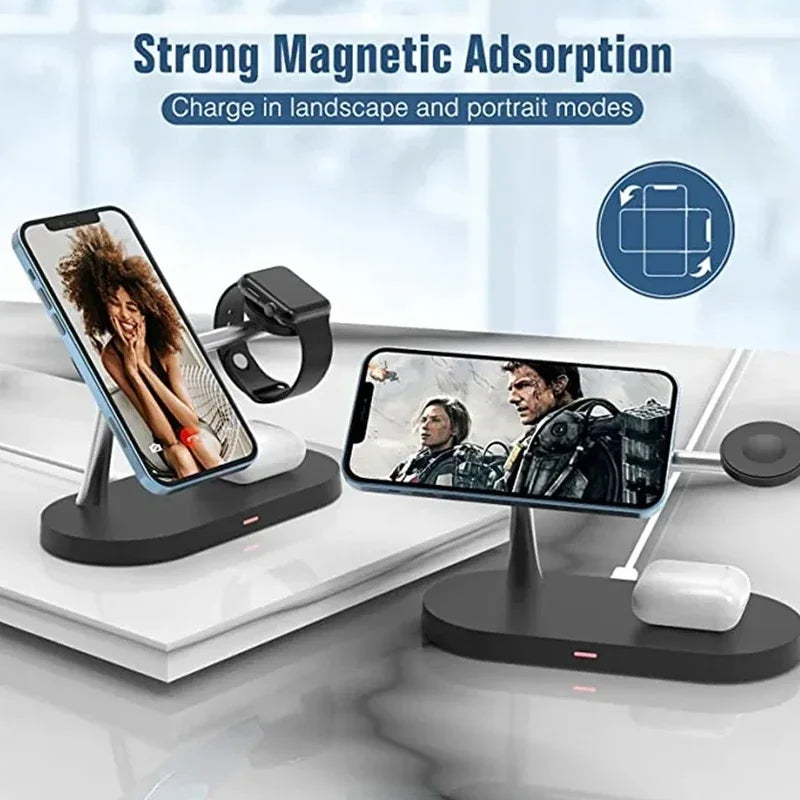 Wireless charger stand shown charging a phone in vertical and horizontal orientation