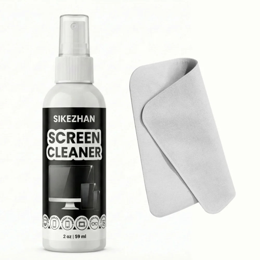 Screen cleaner kit packaging with spray bottle and cloth included