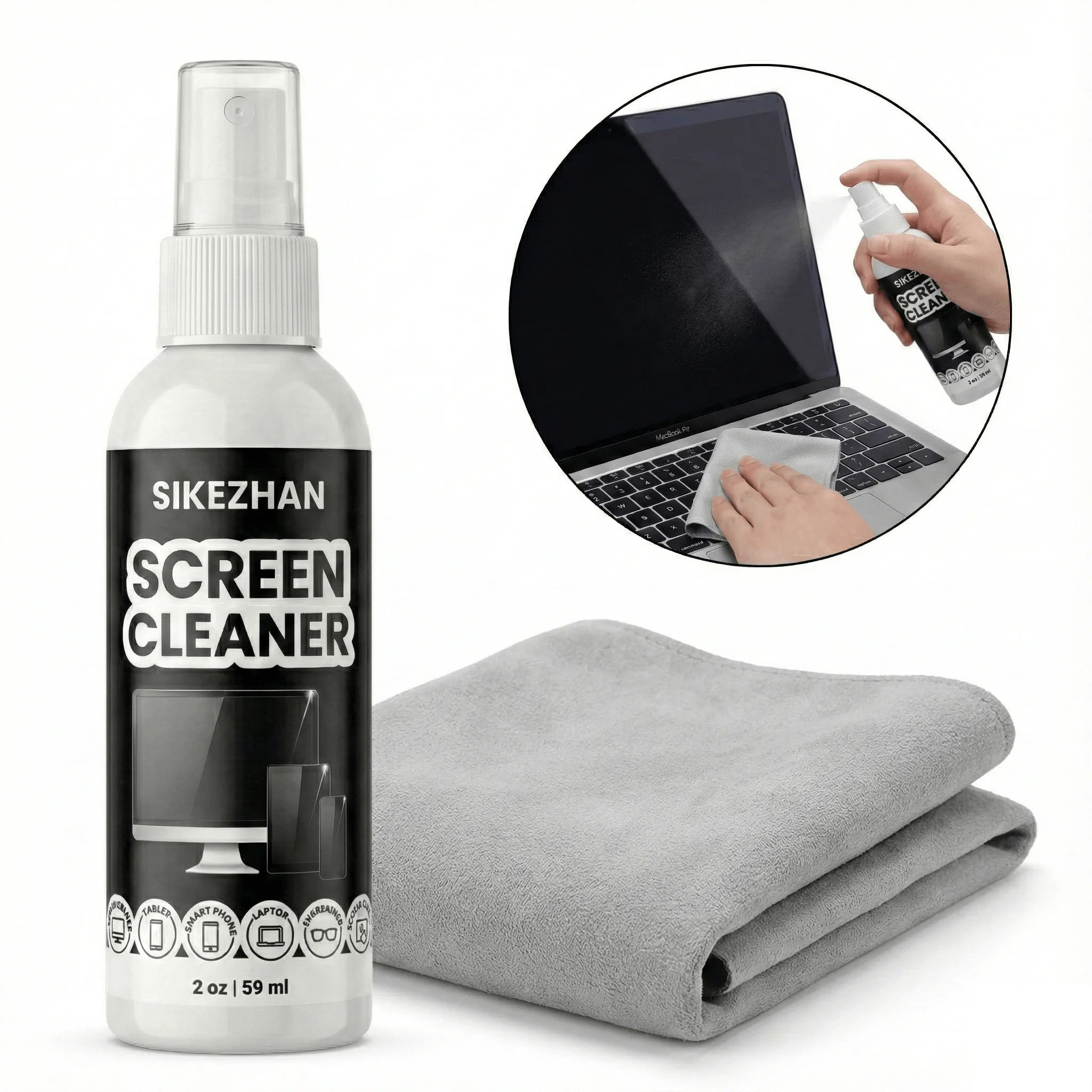 Sikezhan LCD screen cleaner spray bottle with folded grey microfiber cloth