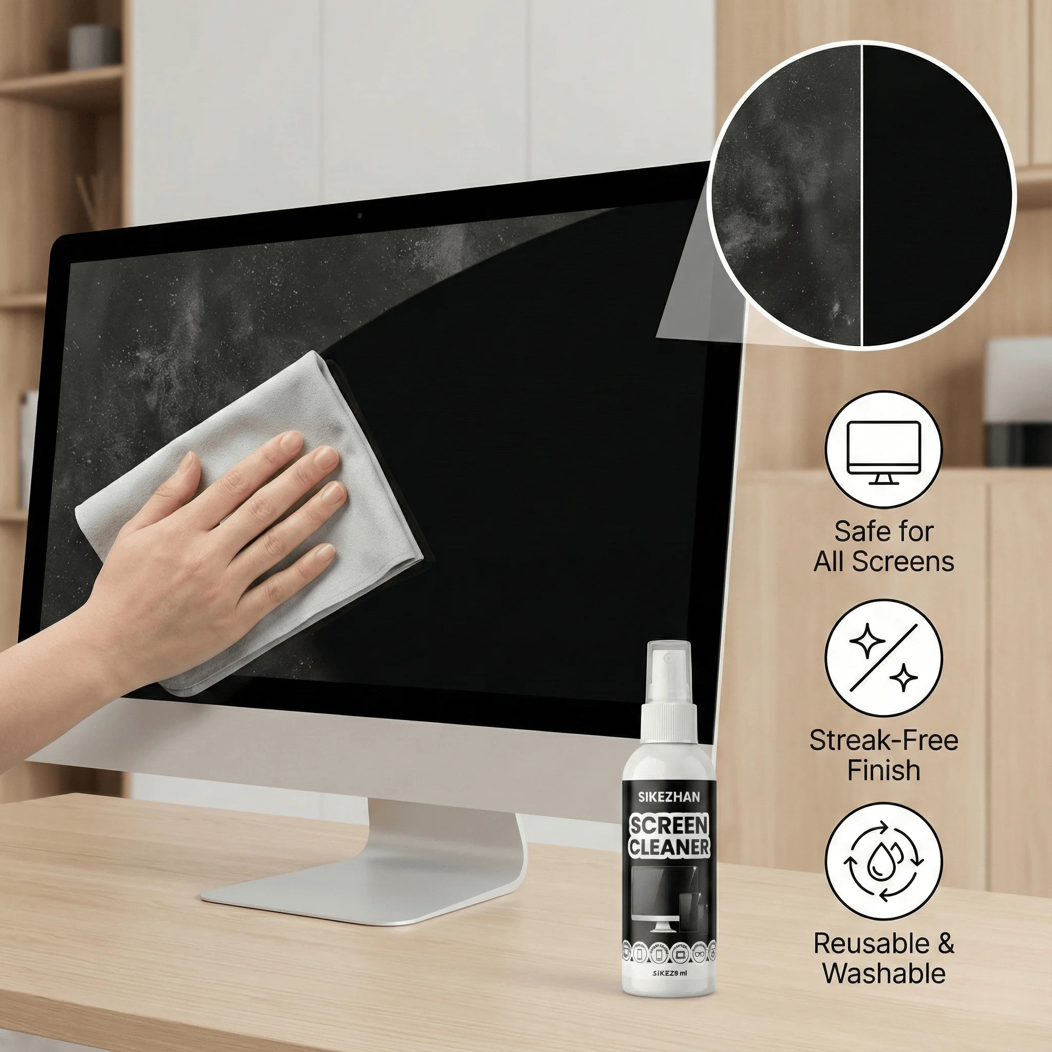 Screen cleaning spray and microfiber cloth wiping a laptop screen