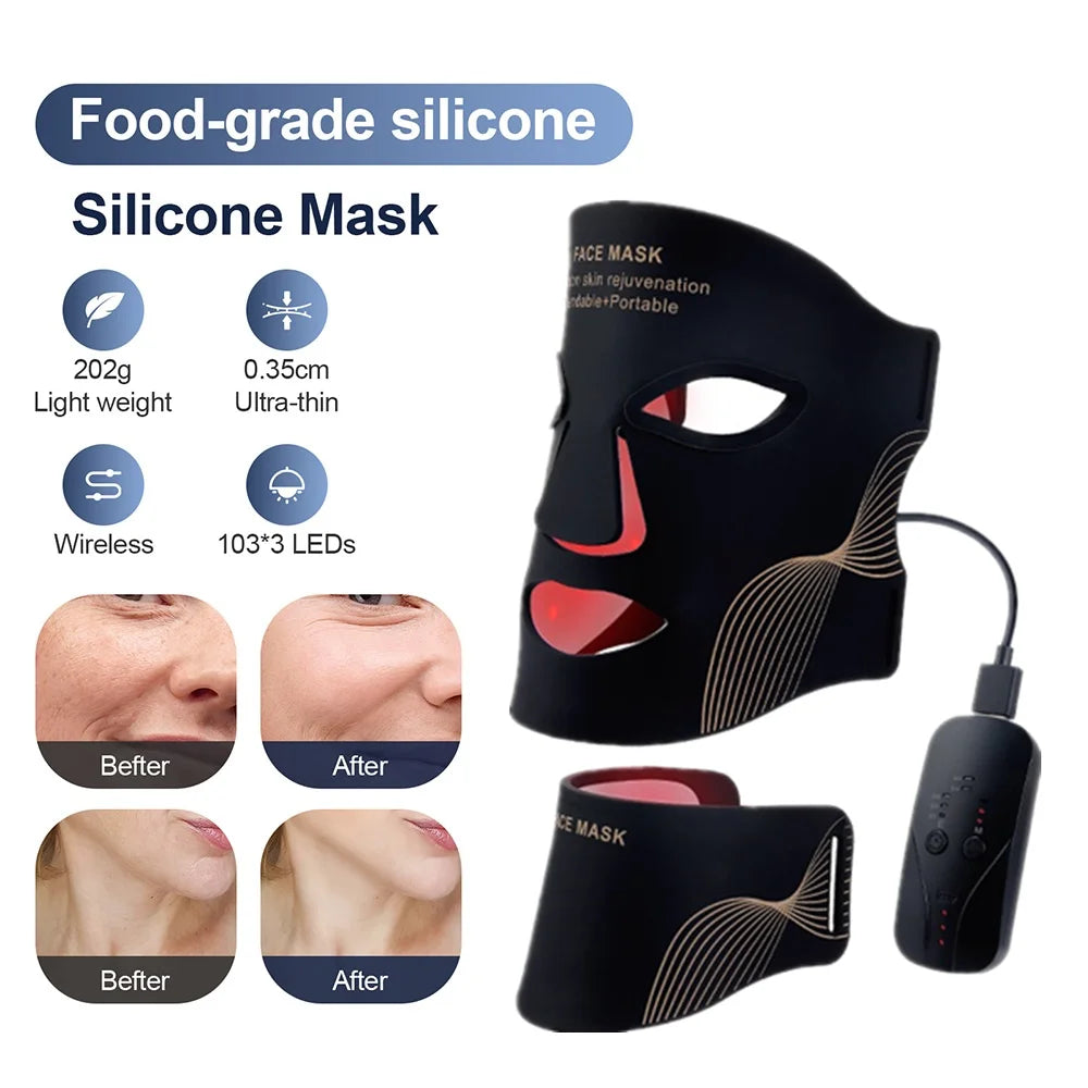 LED face and neck mask shown in black light-up mode