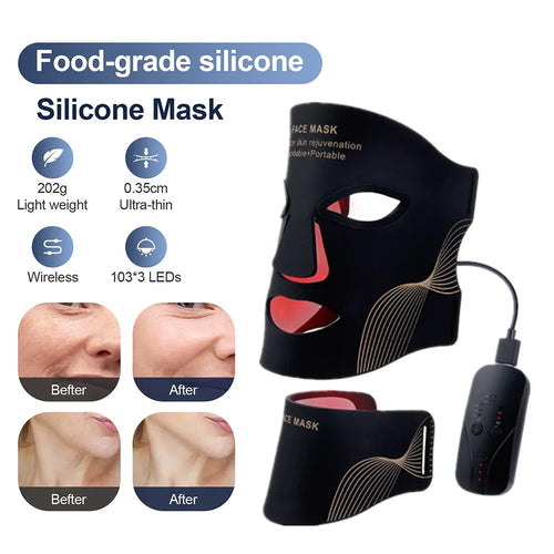 LED face and neck mask shown in black light-up mode