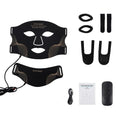 Person wearing LED red light therapy face and neck mask at home