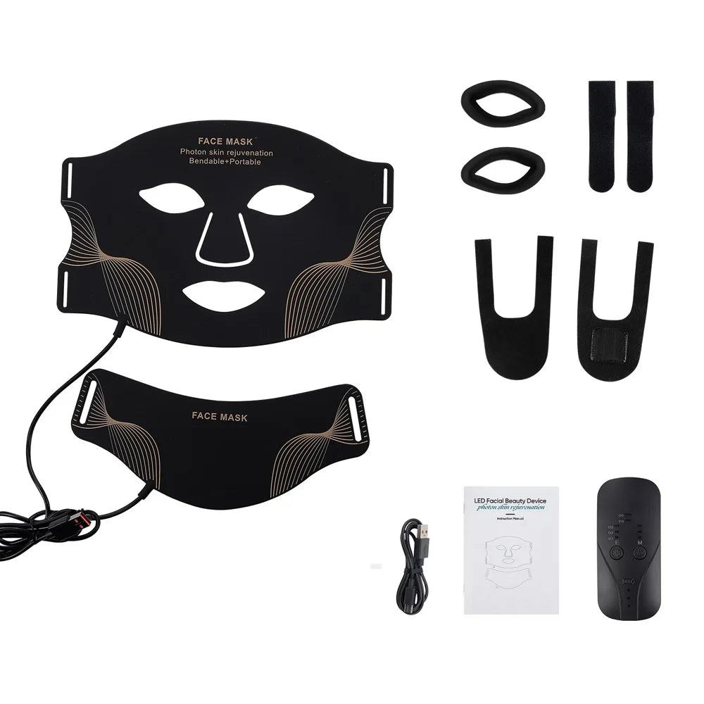 Person wearing LED red light therapy face and neck mask at home