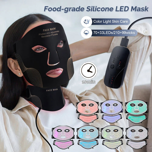 7-colour LED red light therapy face and neck mask worn on face
